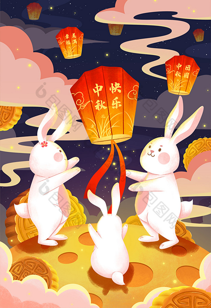中秋节放孔明灯兔子插画
