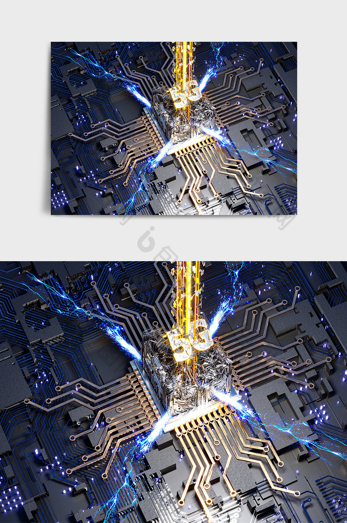 C4D高端放电5G电路芯片组合模型效果图图片图片