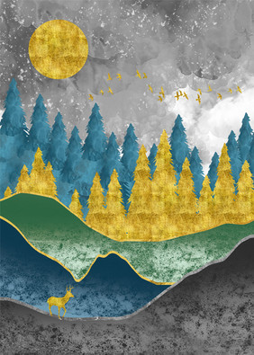 新中式鎏金森林风山水麋鹿抽象装饰画