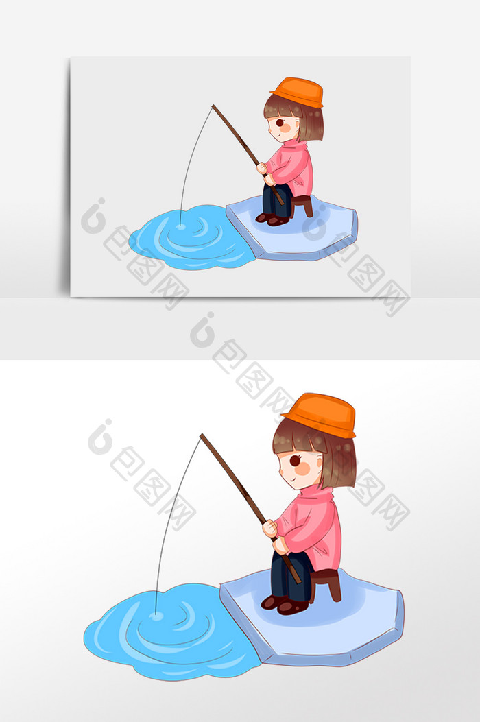卡通可爱小女孩钓鱼