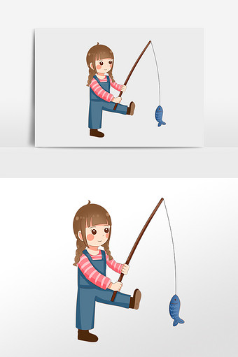 小女孩钓鱼简笔画图片