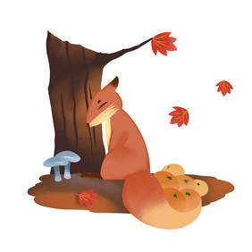 秋天落叶可爱动物狐狸