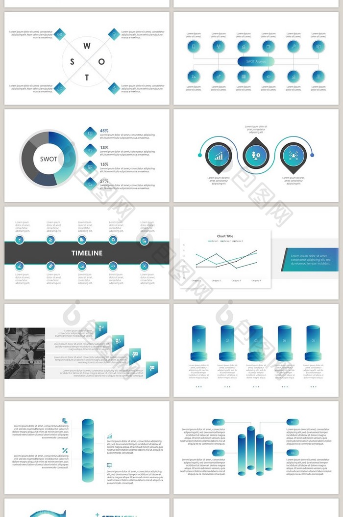 蓝绿色渐变商务通用40页PPT图表合集