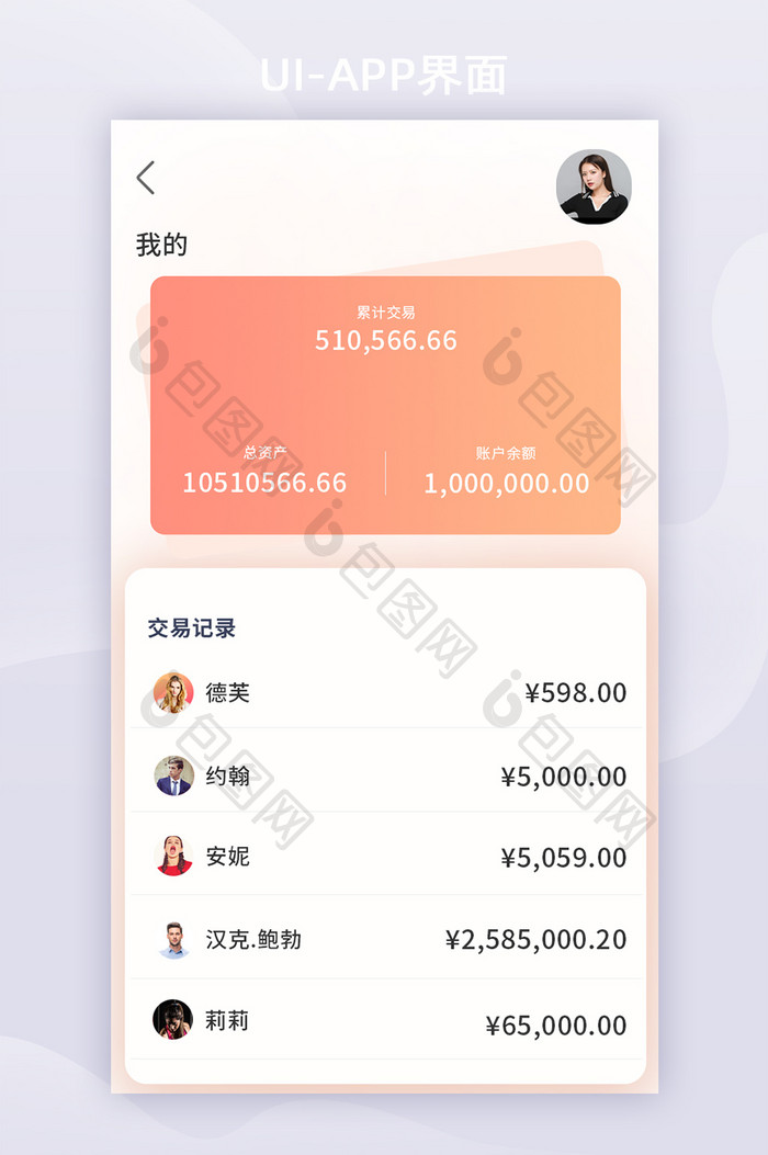 简约透明橙色汇款记录APP手机UI界面