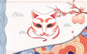 国潮日式纹理樱花剪纸招财猫电视背景墙