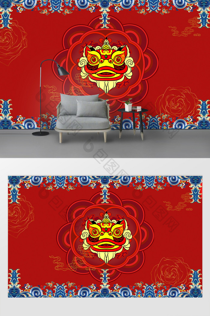 中式传统红色舞狮元素电视背景墙