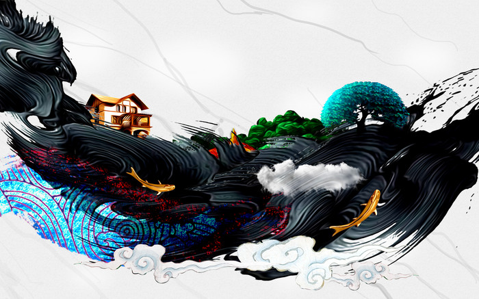 新中式传统大理石水墨风格电视背景墙图片