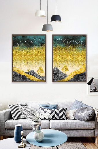 新中式抽象鎏金山水麋鹿金色装饰画图片