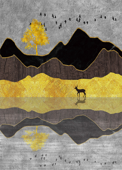 新中式鎏金山水金色飞鸟麋鹿装饰画图片