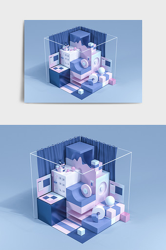 蓝紫C4D科技几何物体立体场景模型图片