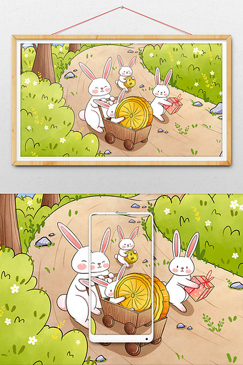 中秋节手绘兔子送月饼插画图片