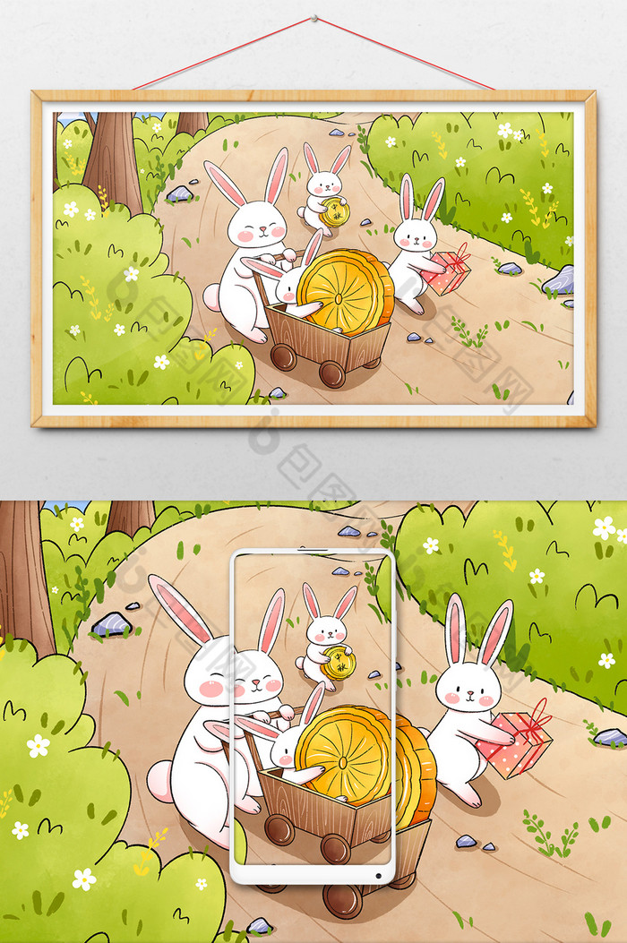 中秋节兔子送月饼插画图片图片
