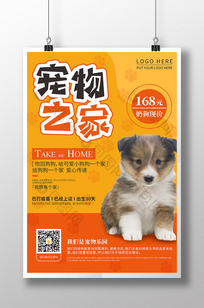 黄橙可爱宠物之家宠物店狗狗宣传海报