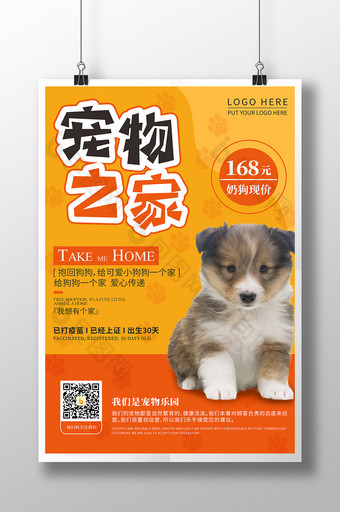 黄橙可爱宠物之家宠物店狗狗宣传海报图片