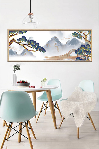 新中式鎏金迎客松背景墙图片