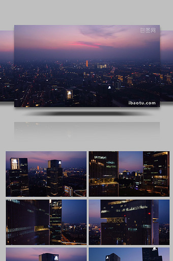 航拍郑州郑东新区绿地中心双子塔黄昏夜景图片