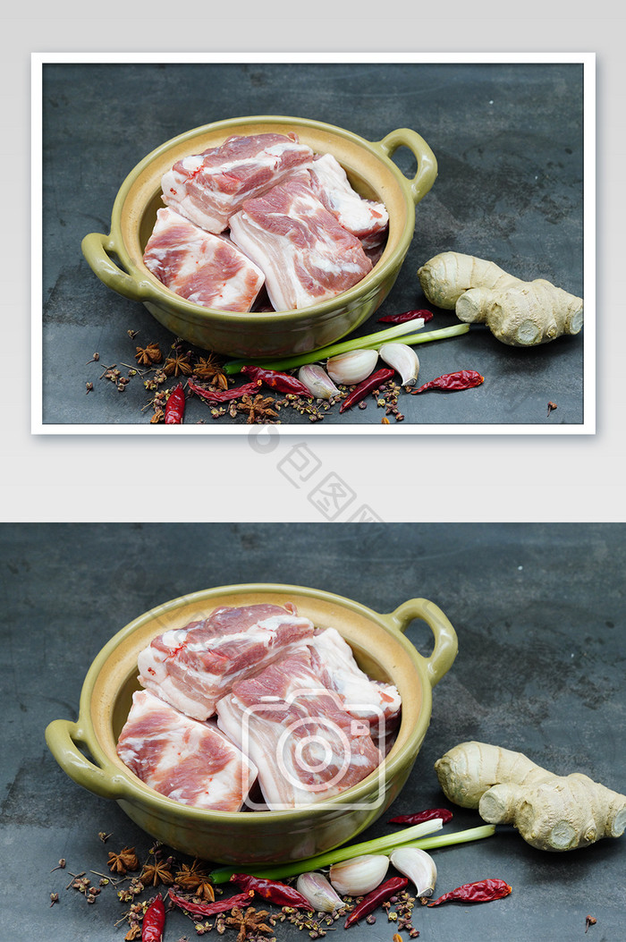 砂锅里的五花肉摄影图