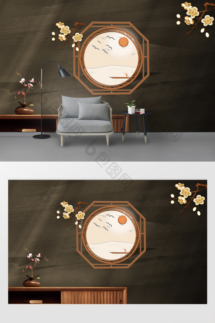 低调大气木质古窗梅花木柜中式背景墙图片图片