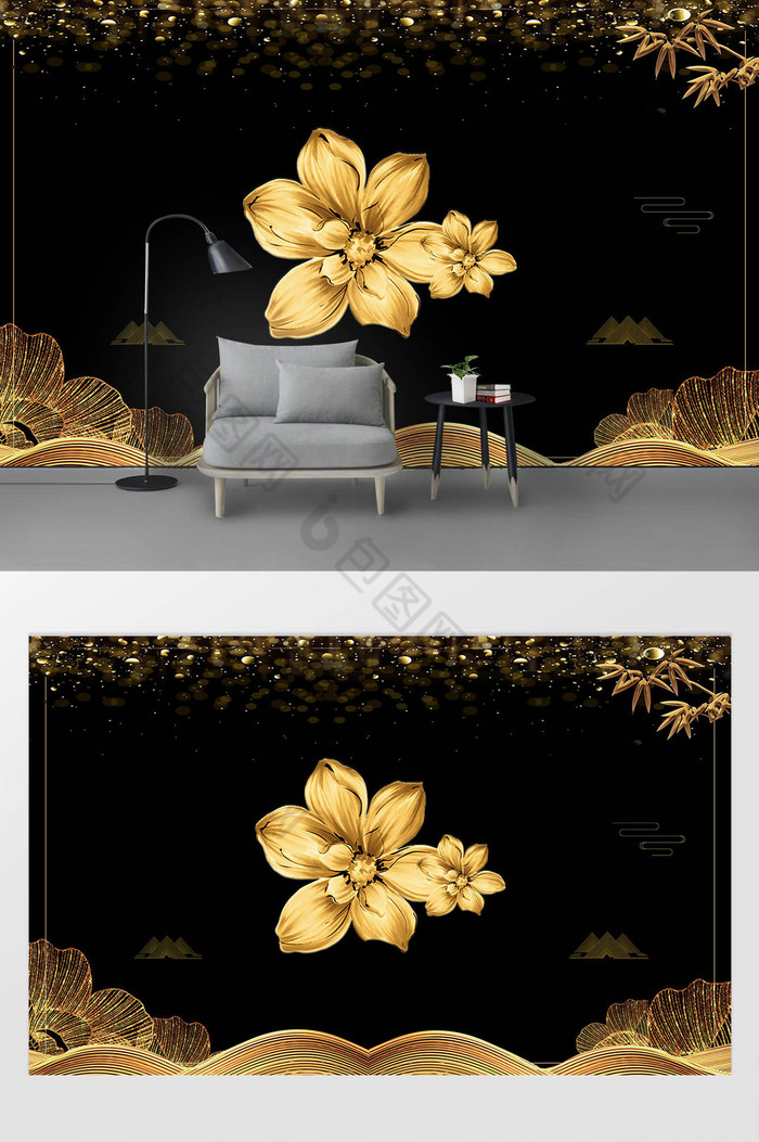 黑金炫光金色花朵中式电视背景墙图片图片
