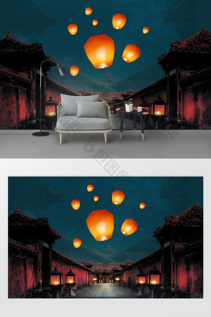 新中式国潮复古宫殿孔明灯电视背景墙图片图片