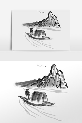 中国风水墨风小船