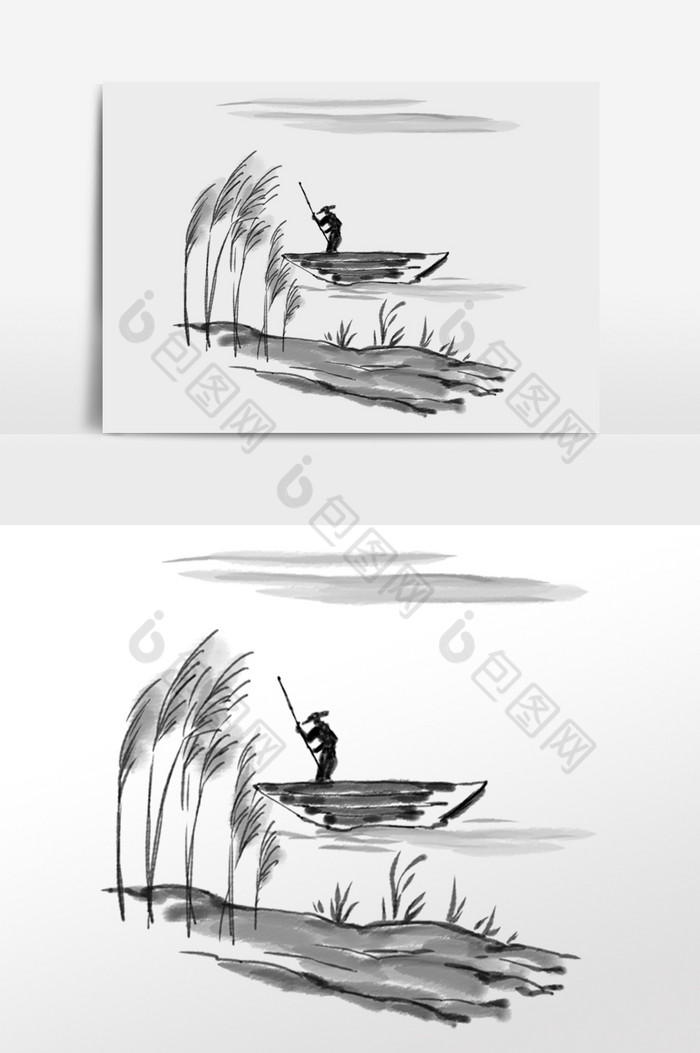 中国风水墨风划船小船图片