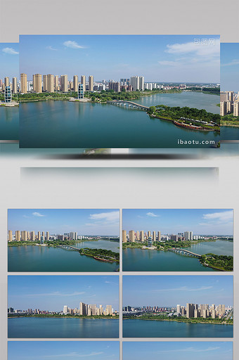 实拍湖边的城市美丽湖景航拍视频4K图片