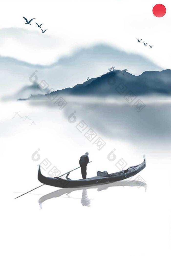 划船渔夫飞鸟山水水墨山水装饰画