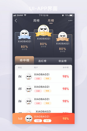 黑金大气排行榜榜单APP页面