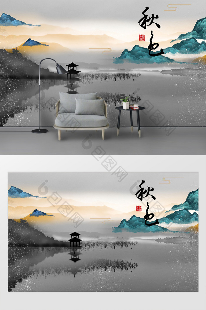 秋色中国风水墨烟雨西湖山水画