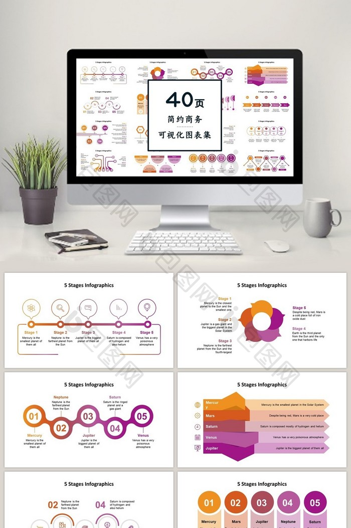 紫红色商务通用40页PPT图表合集
