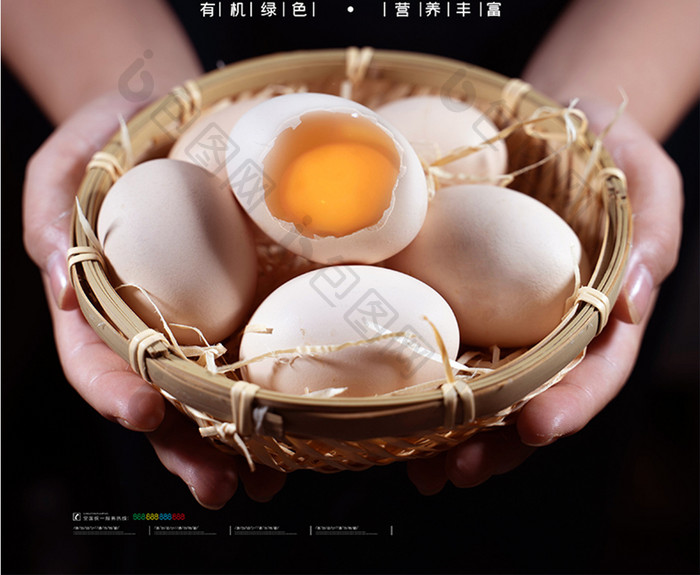 黑色大气正宗有机土鸡蛋手捧鸡蛋宣传海报