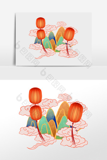 中式灯笼祥云山水图片