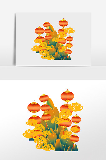 中式国潮灯笼山水