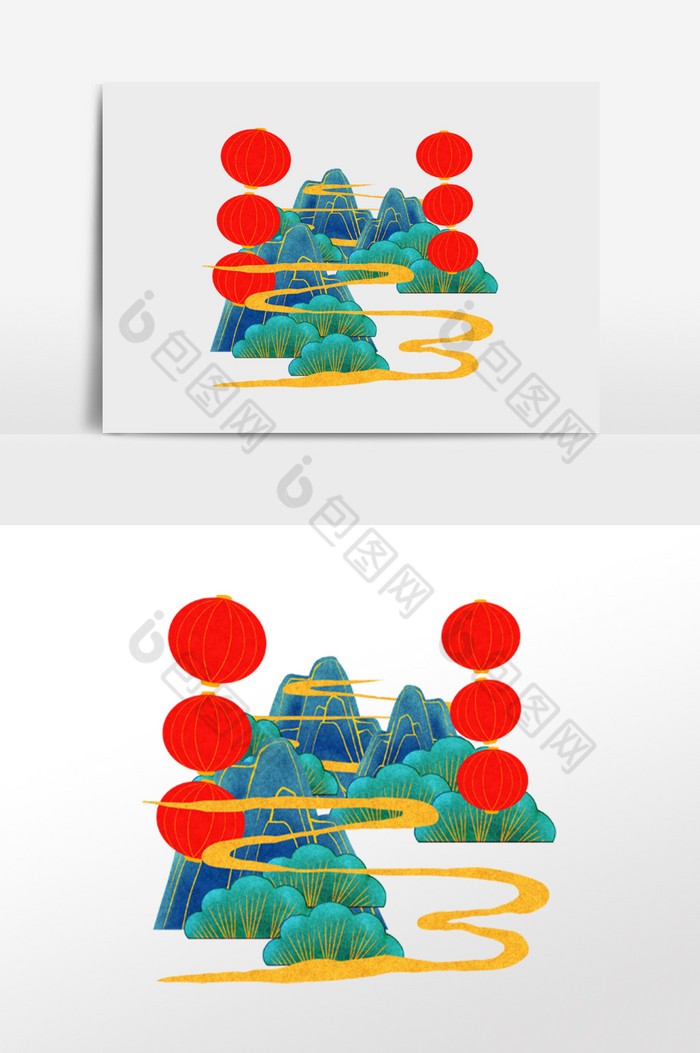 中式灯笼祥云山水图片