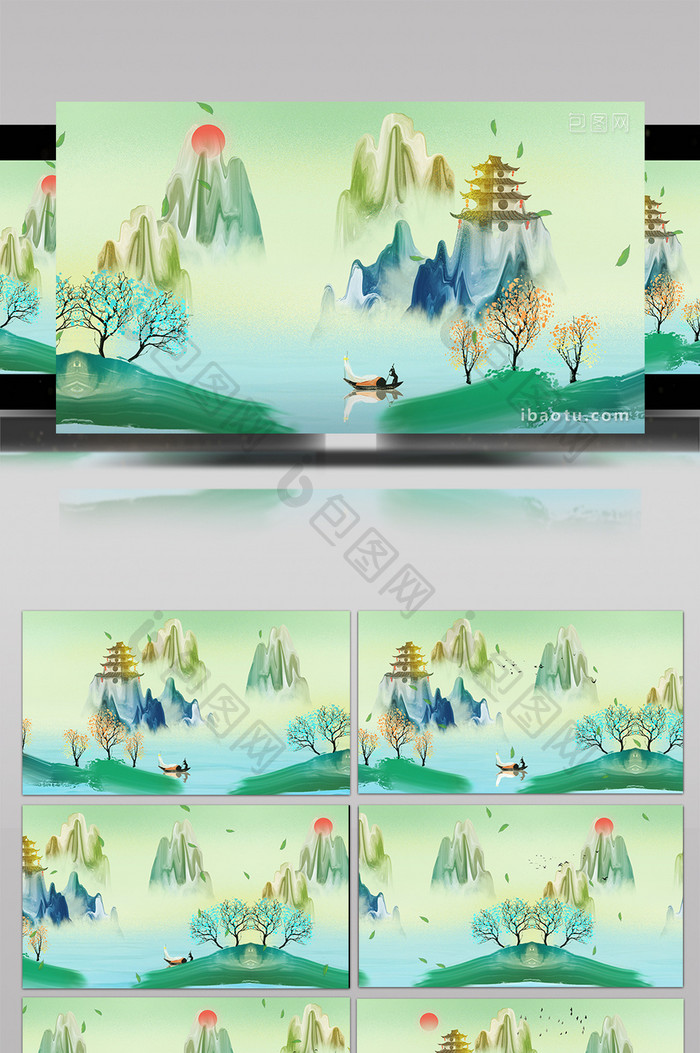 4K中国风绿色山水风景背景视频AE模板