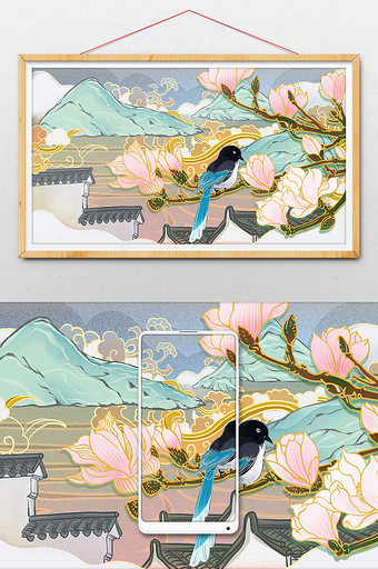 中国风祥云玉兰花山水梯田徽派建筑喜鹊插画图片