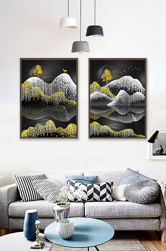 新中式鎏金山水麋鹿飞鸟晶贝装饰画图片