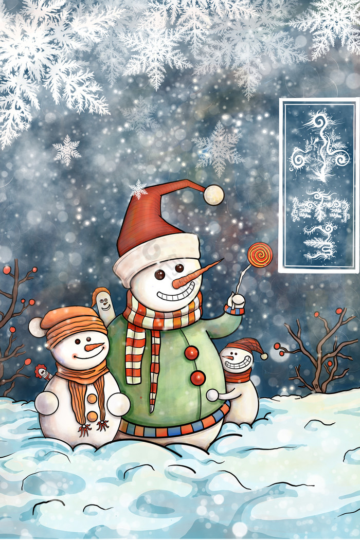 欢乐冬天小雪堆雪人插画图片