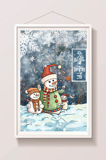 白色欢乐卡通冬天小雪堆雪人插画图片