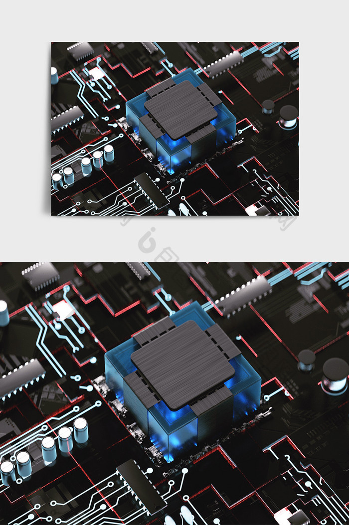蓝红色科技金属风格芯片主题C4D创意场景图片图片
