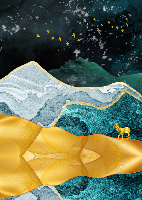 新中式鎏金山水抽象金色麋鹿双联装饰画图片