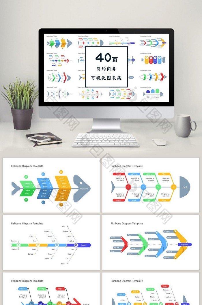 彩色鱼形时间轴40页PPT图表合集