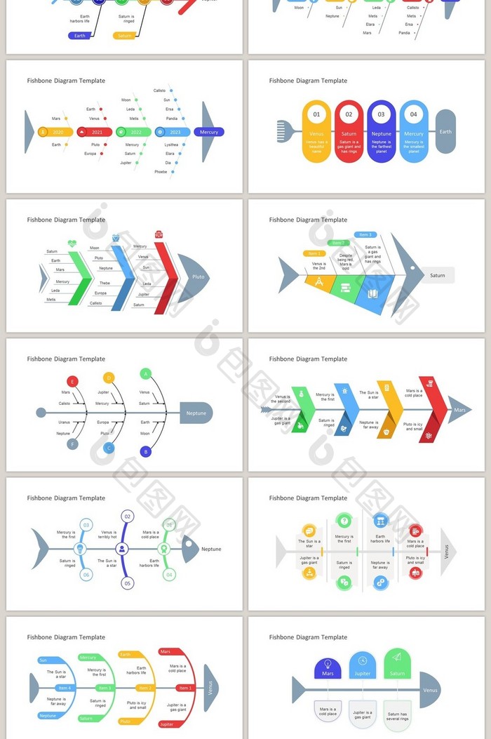 彩色鱼形时间轴40页PPT图表合集