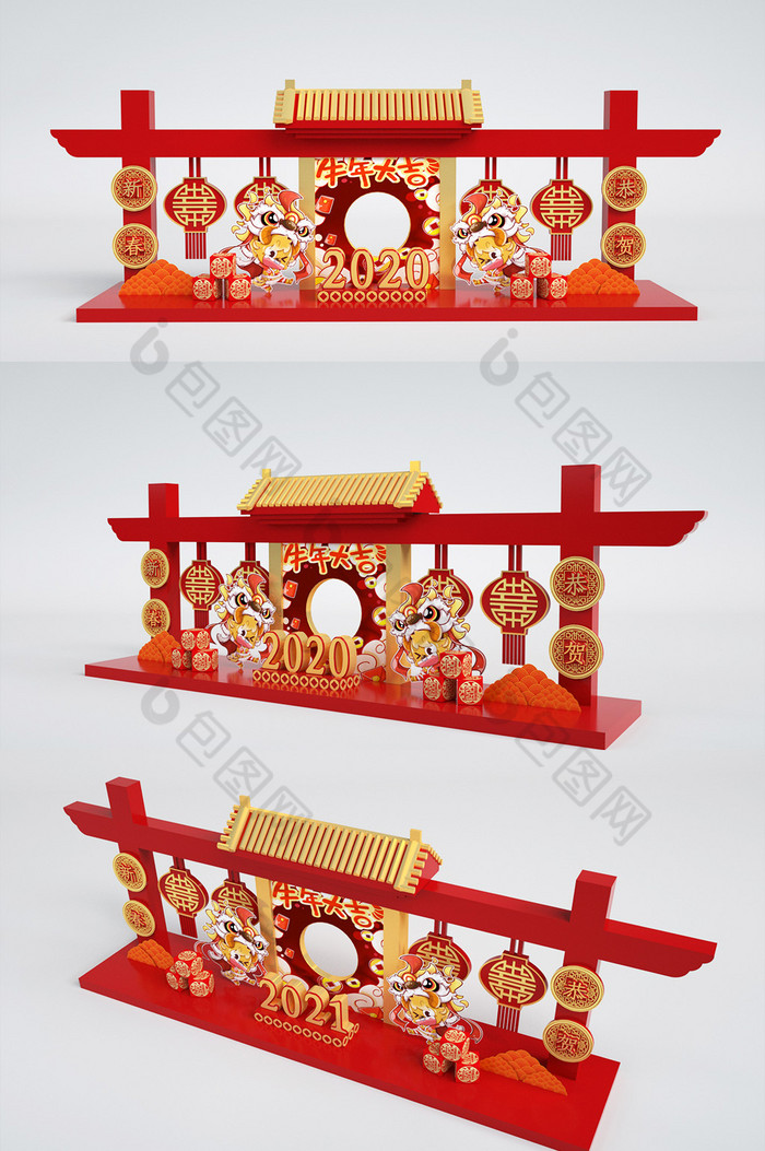红黄色2021牛年新春贺岁主题C4D美陈图片图片