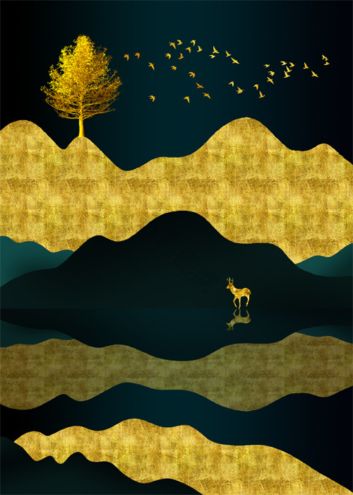 新中式抽象鎏金山水金色麋鹿双联装饰画图片