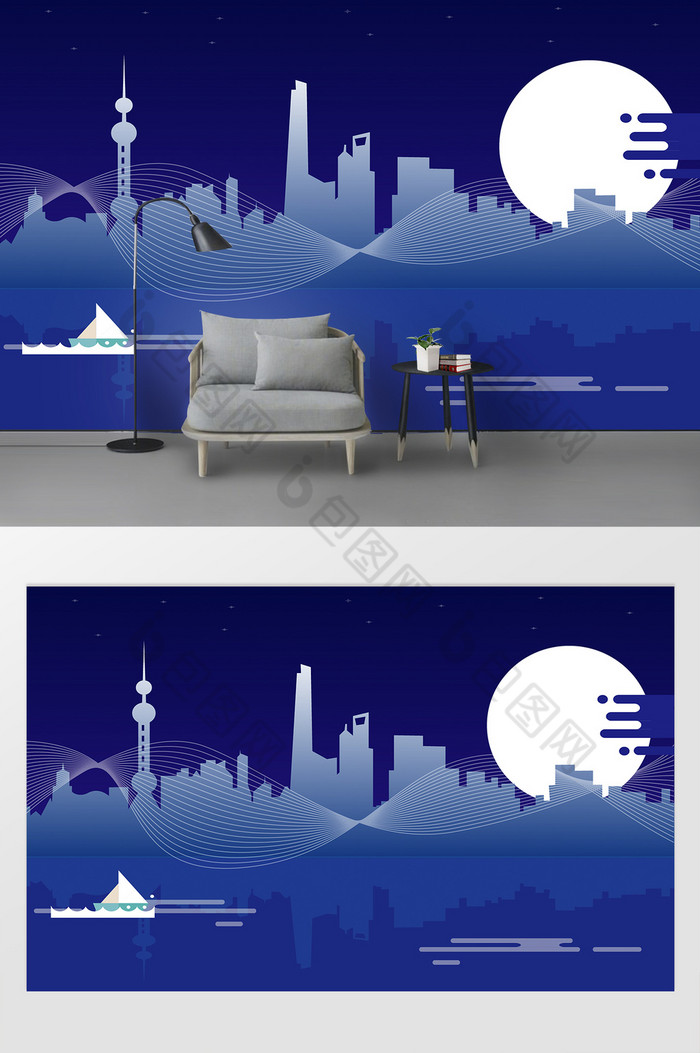 现代城市蓝色插画扁平夜晚背景墙图片图片