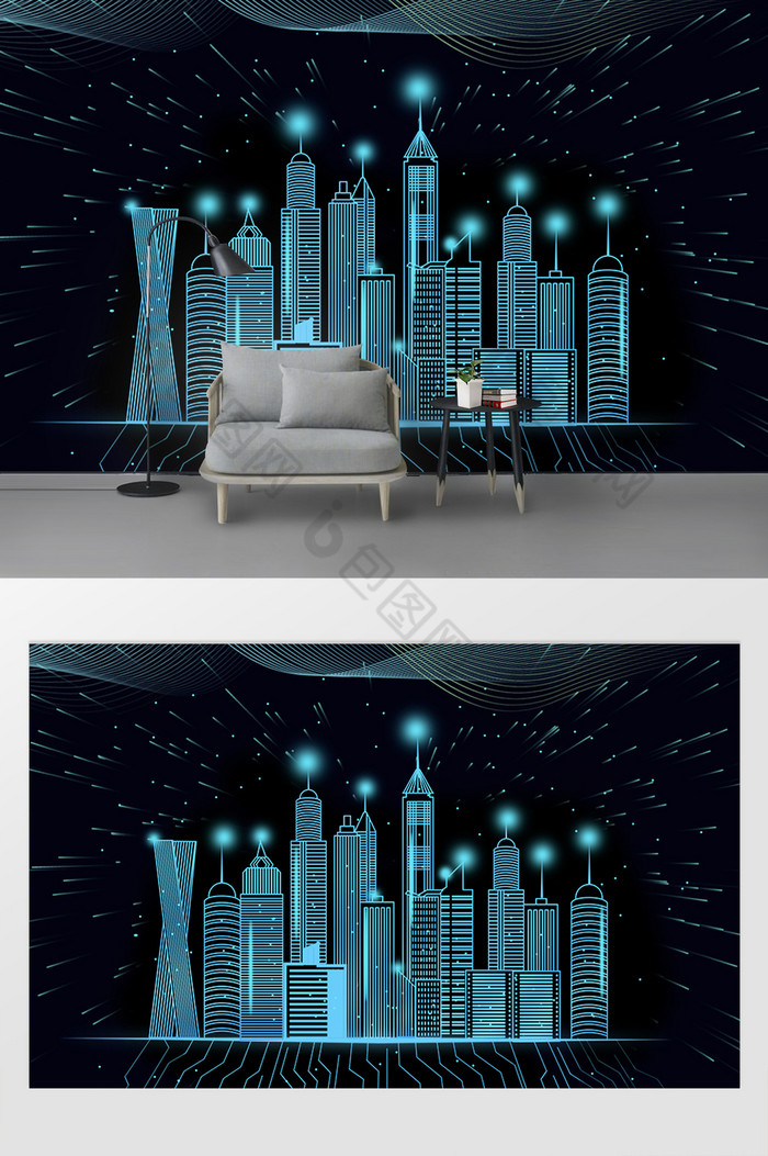现代感科技蓝色黑色酷炫城市背景墙图片图片