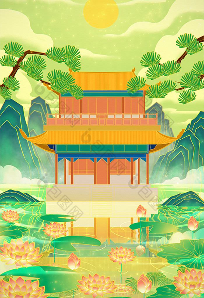 绿色唯美清新国风山水景插画