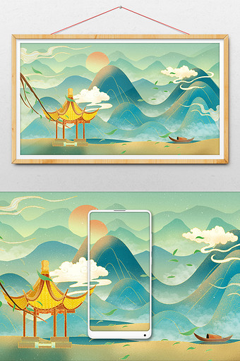 国潮中国风建筑山水插画图片